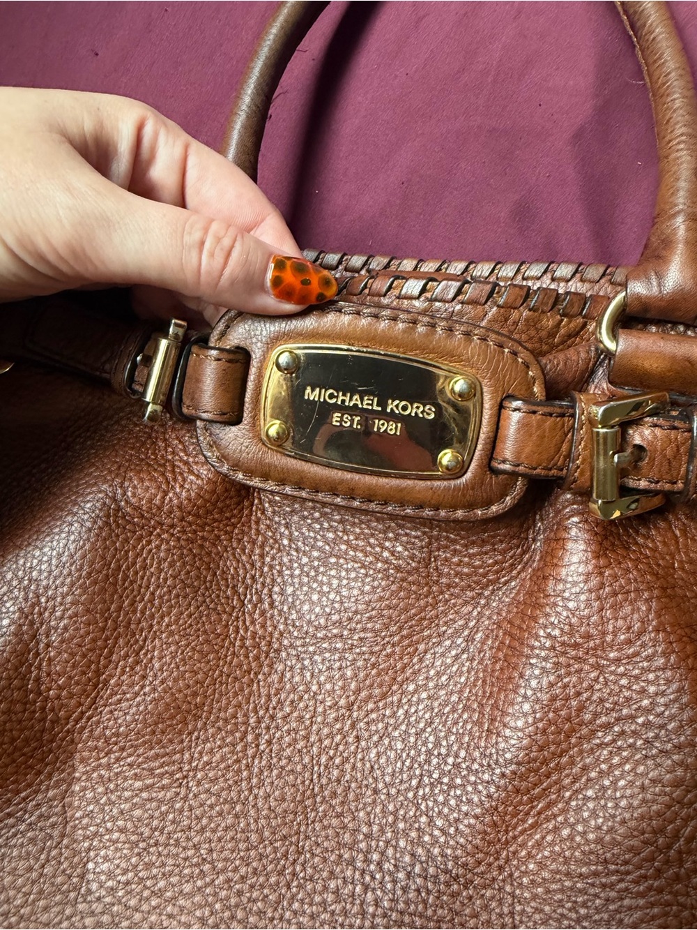 Michael Kors AQ-1209 Brown Leather Satchel Tote Purse Gold Hardware 1974222